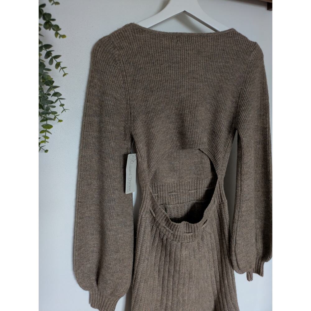 MABLE Brown Knit Balloon Sleeve Scoop Neck Ribbed Mini Sweater Dress Tie Waist - Picture 5 of 7